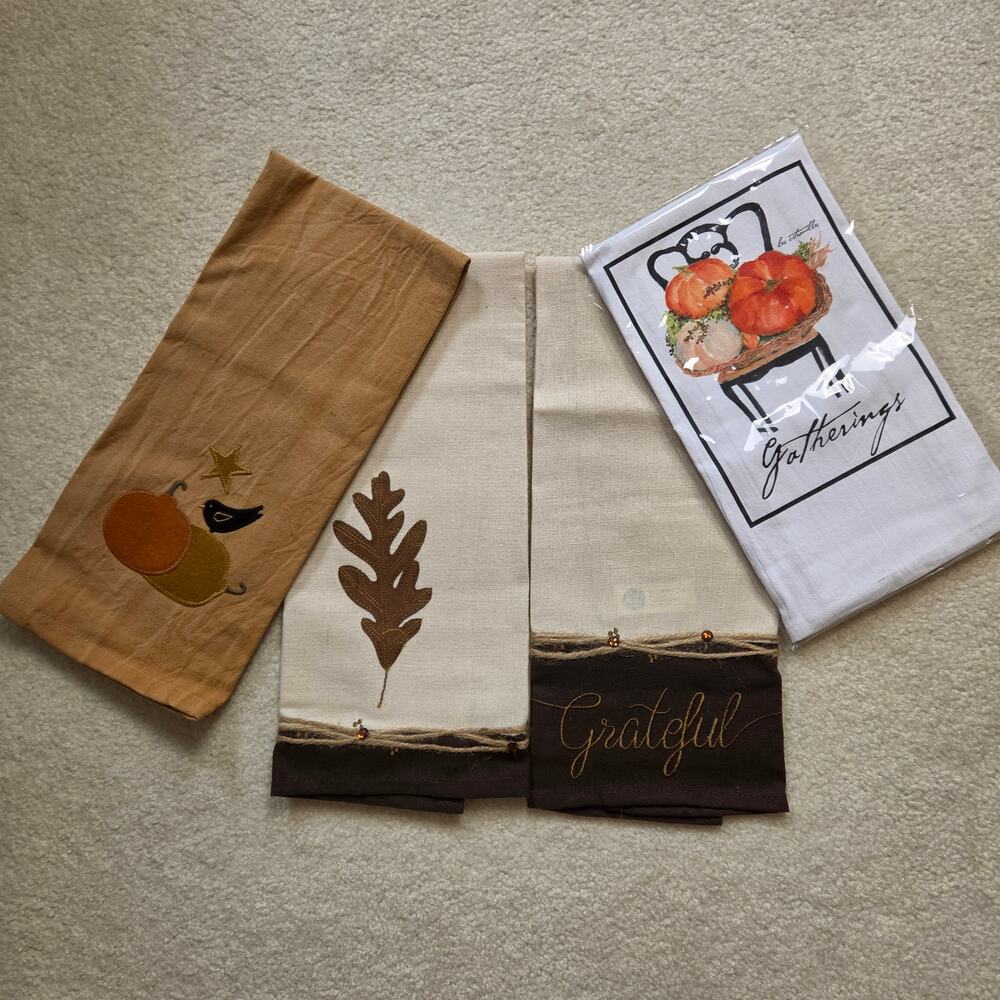 NEW Fall Autumn Pumpkin Decorative Hand Towels Flour Sack Applique Woven Qty 4